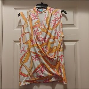 J. McLaughlin Orange Pink Geometric Sleeveless Wrap Top for Dillards Size XL